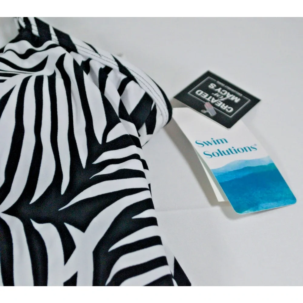 Swim Solutions Tankini Top Womens 18 Black White Palm Leaf Ruffle Tiered Macy’s